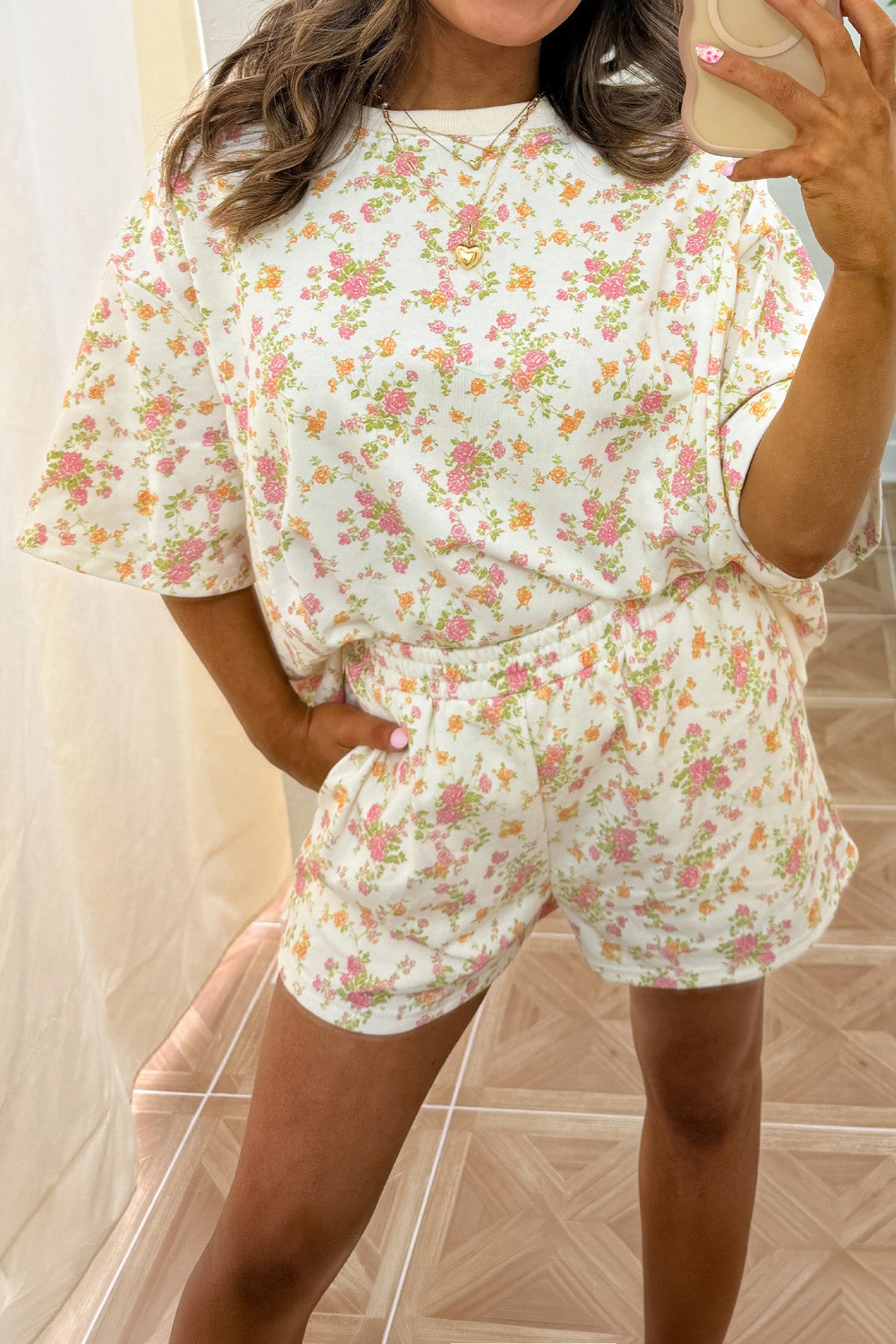Pink Floral Print Short Sleeve Elastic Waist Pocket Casual Two Piece Short Sets