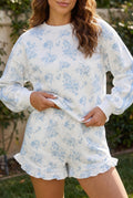 Sky Blue Floral Print Striped Detail Long
Sleeve Top Ruffle Hem Shorts 2pcs Set