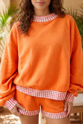 Carrot Gingham Trim Baggy Pullover 2pcs Short Set